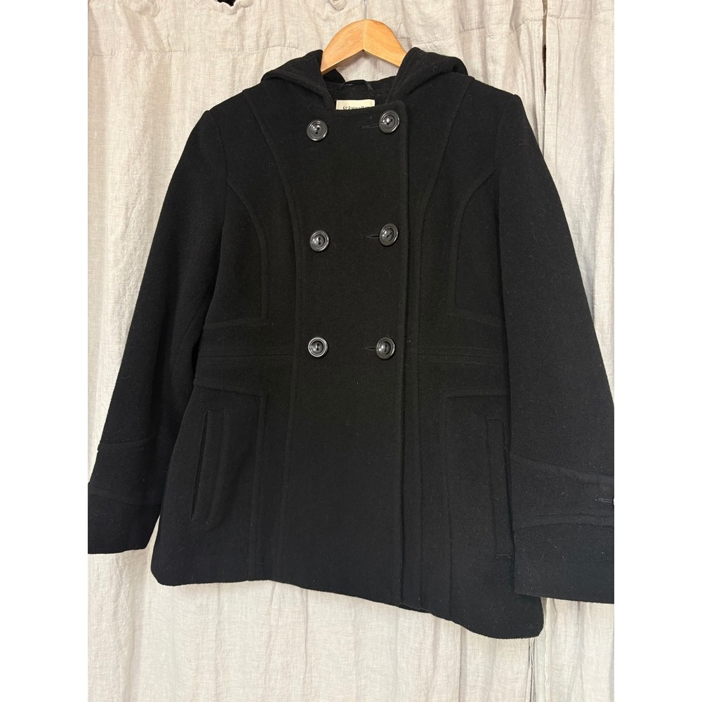 St Johns Bay Black Wool Cashmere Blend Hooded Pea Coat Jacket Womens Small